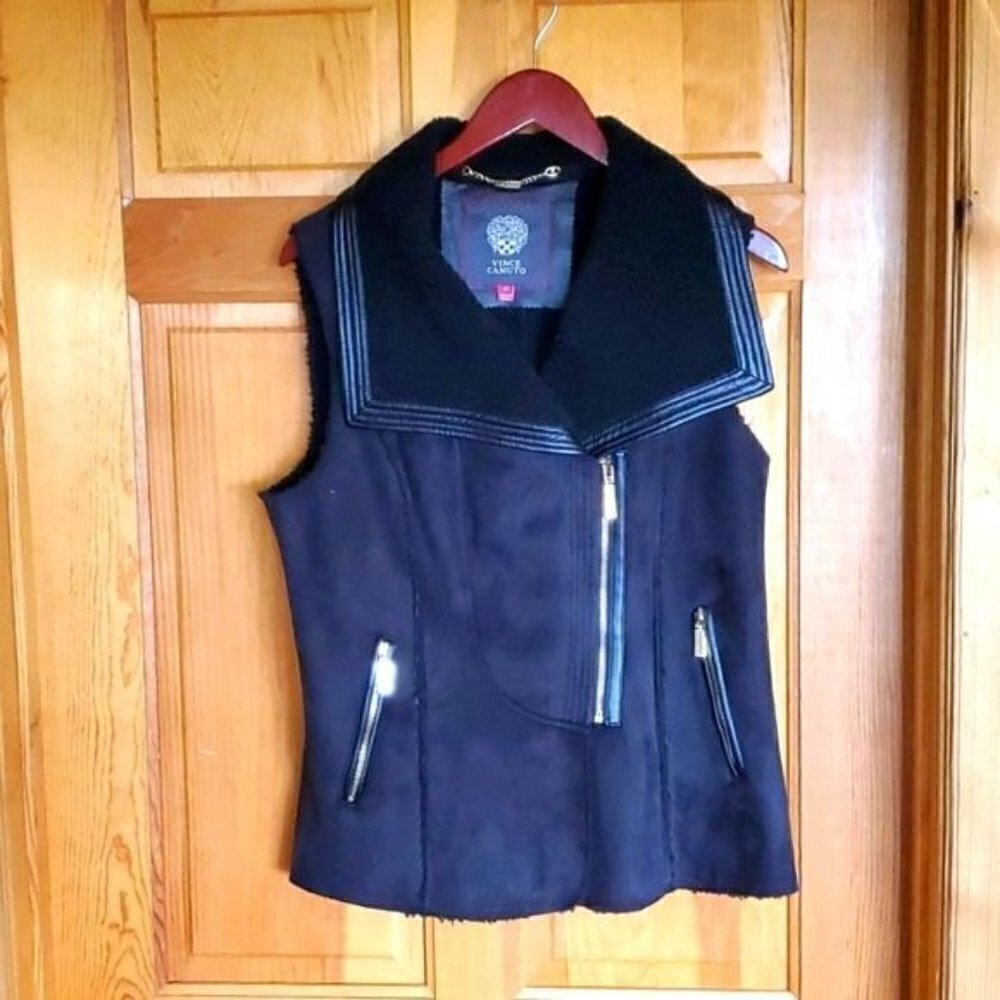 Vince Camuto Sz. M Black Faux Suede Sherpa Lined Zippered Vest with Pockets